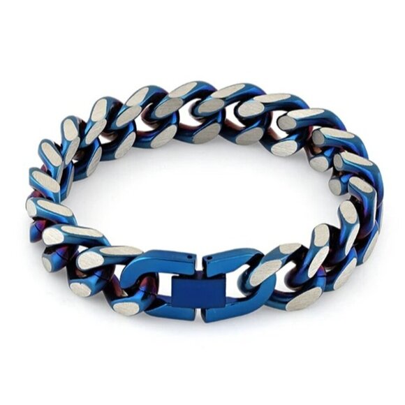 Stainless Steel Curb IP Blue Link Bracelet - Picture 2 of 3